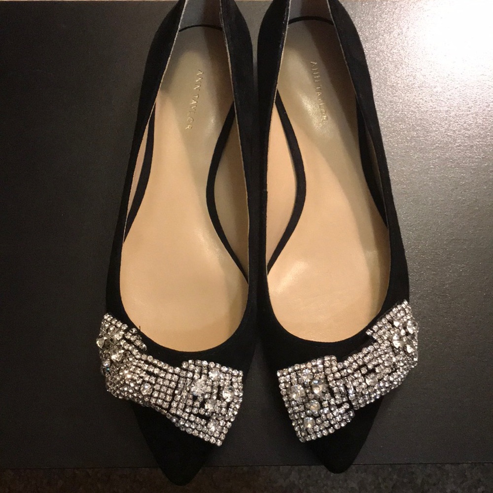 Black Suede and Rhinestone Bow Flats